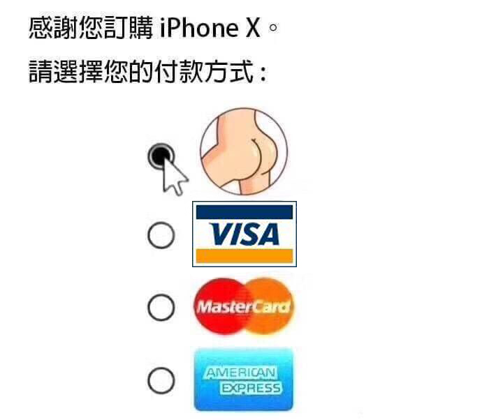 请选择您的付款方式:py 交易;visa -iphone x,拿去战斗吧